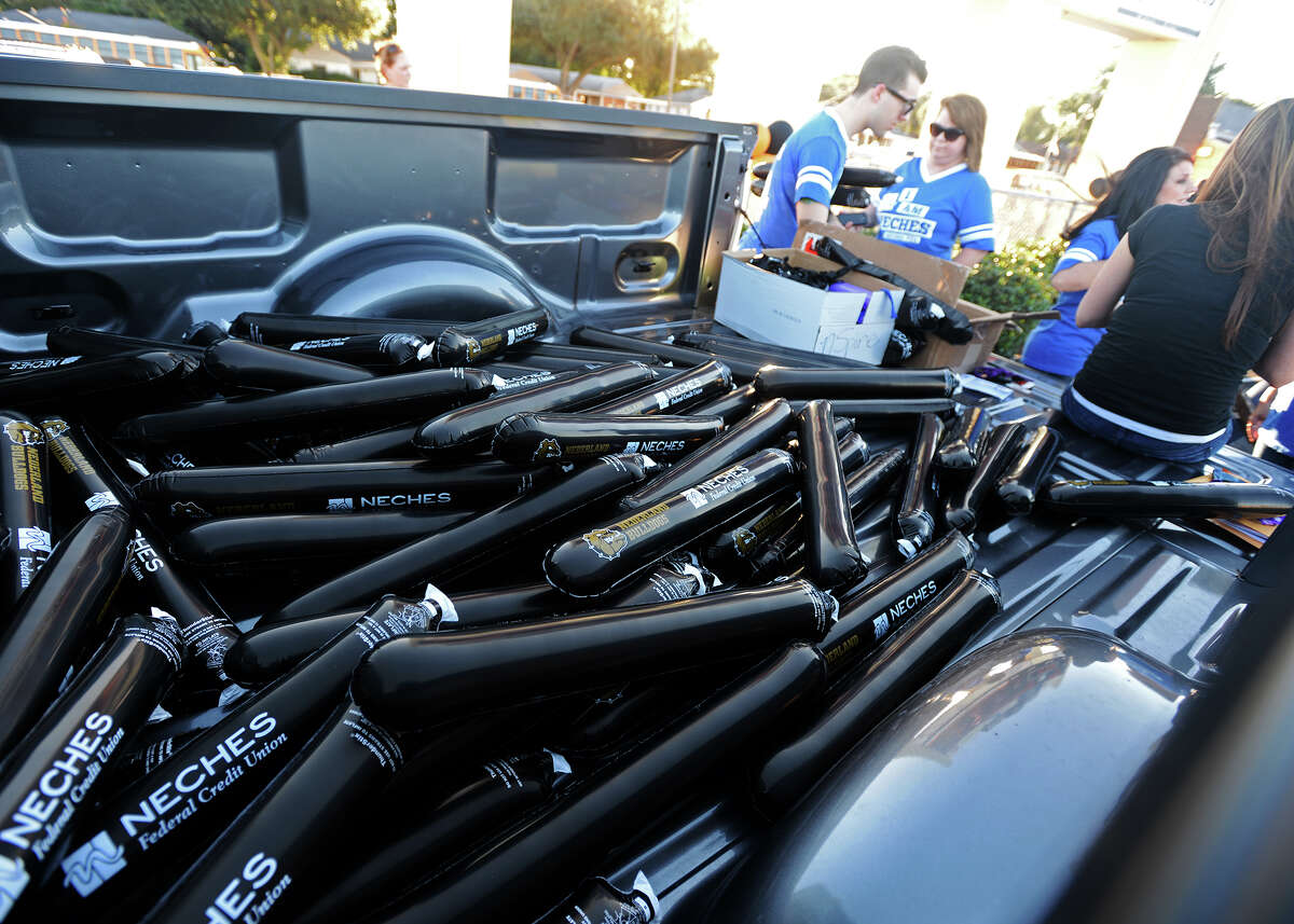 A truck bed is filled with "thundersticks" before the beginning of Friday's game between Port Neches-Groves and Nederland. The Nederland Bulldogs hosted the Port Neches-Groves Indians on Friday night. Both teams were 3-0 in district play. Photo taken Friday 10/17/14 Jake Daniels/@JakeD_in_SETX