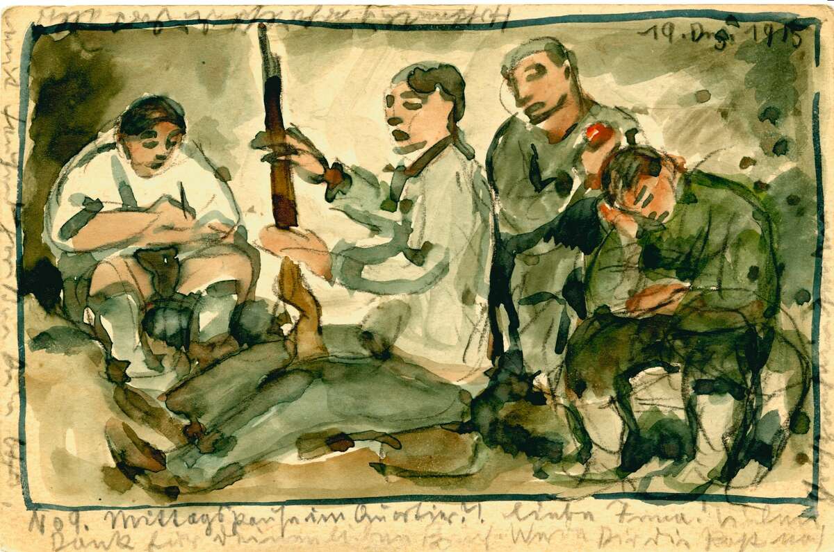 Otto Schubert's "Noon Break in Our Quarters" is among the hand-made postcards on view in "Postcards from the Trenches: Germans and Americans Visualize the Great War," at the Printing Museum through Feb. 14.