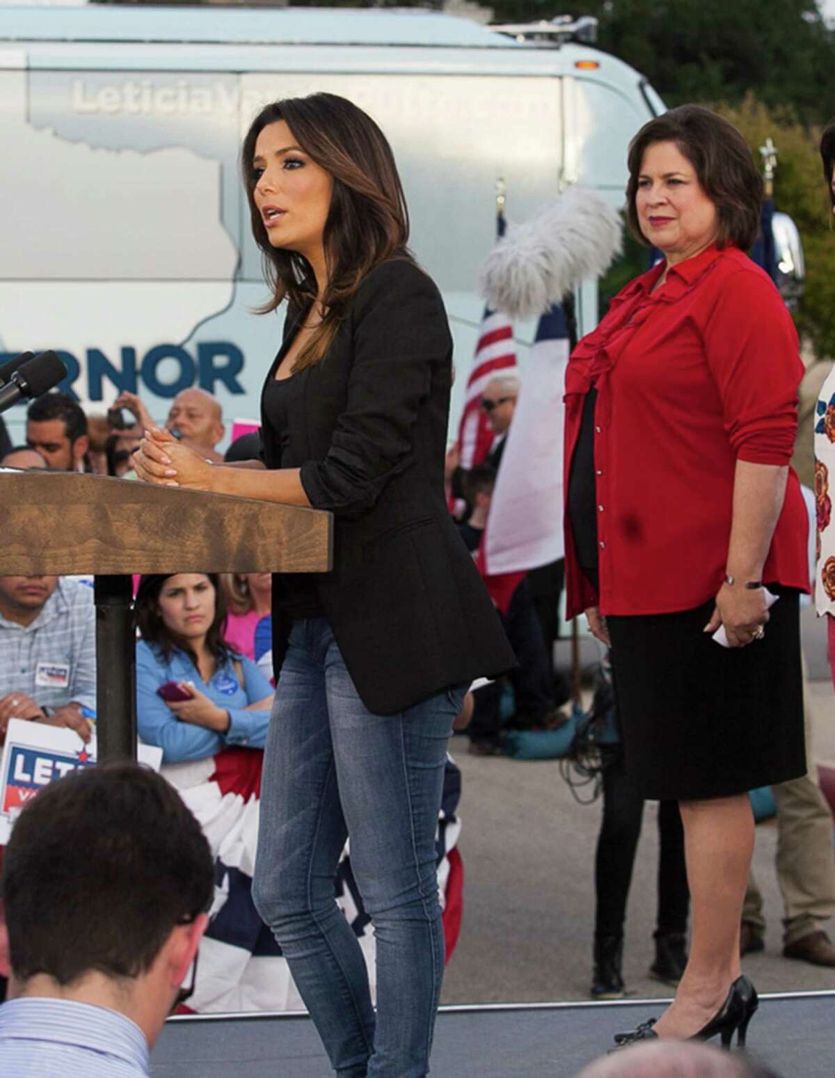 Eva Longoria speaks Wednesday October 22, 2014 during a rally held for Senator Leticia Van de Putte, who is running for Lt. Governor, in San Pedro Park. The rally is launching a statewide "Vote Leticia Tour."