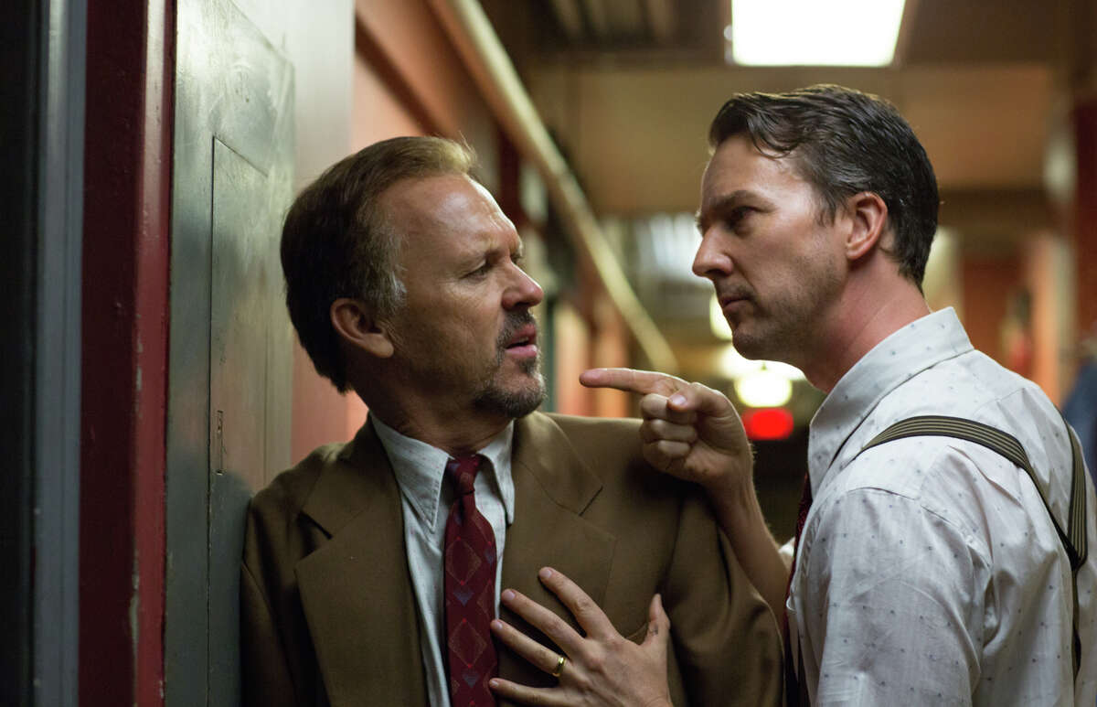 Michael Keaton as Riggan and Edward Norton as Mike are filmed in what’s choreographed to look like a single flowing, smooth take in “Birdman or (The Unexpected Virtue of Ignorance).”