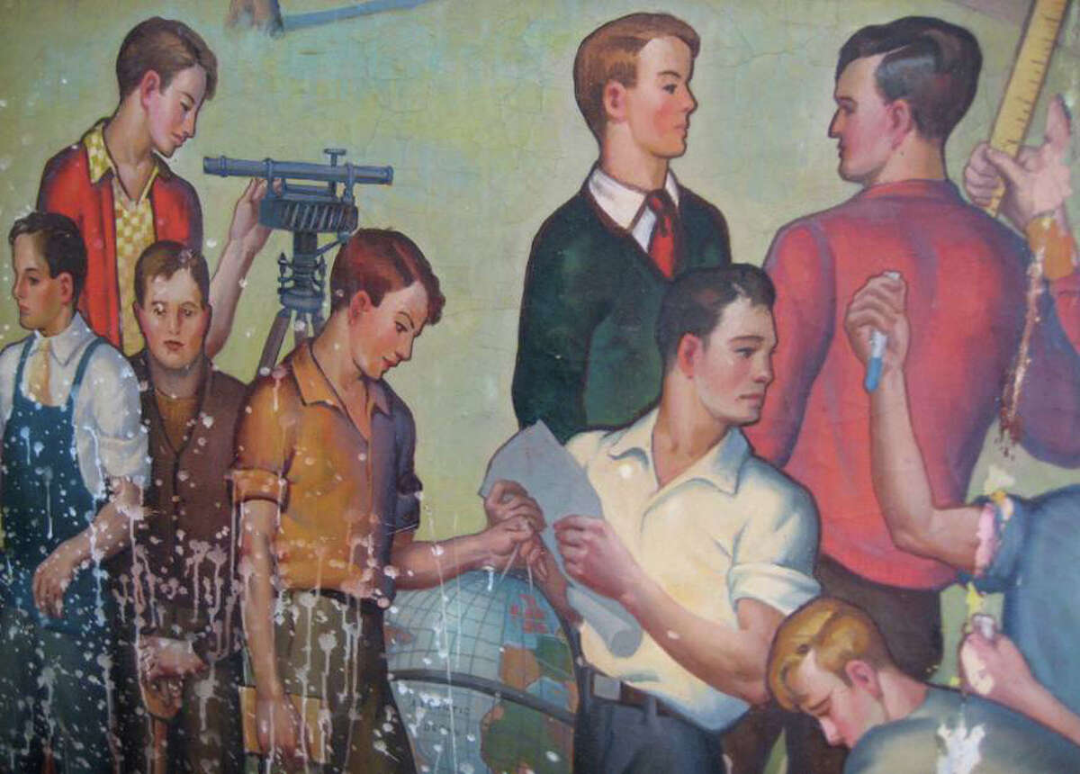 Milford's Depression-era mural, "They Shall Pass This Way But Once," has been stored for about 30 years in a Board of Education office. A project is now underway by the Milford Arts Council to stabilize and restore this valuable example of Americana, created under Franklin Delano Roosevelt's New Deal. The mural's surface is marred by splatters of a white substance, above.