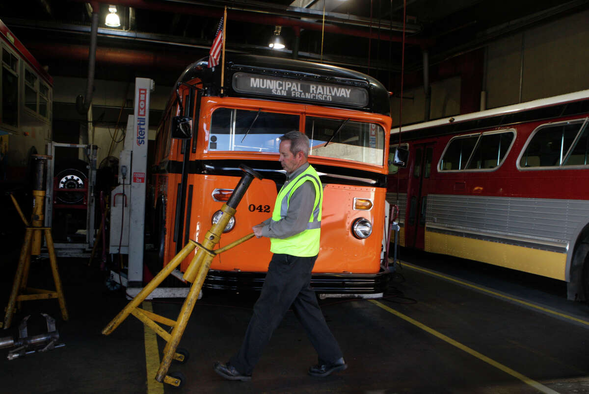 Louis Guzzo, superintendent of diesel maintenance at the Muni’s Woods Division.Superintendent of bus maintenanceshows historic buses including a 1938 White bus (left) and a 1969 GMC bus at the Muni Woods division in Dogpatch in San Francisco, Calif., on Thursday, October 23, 2014.