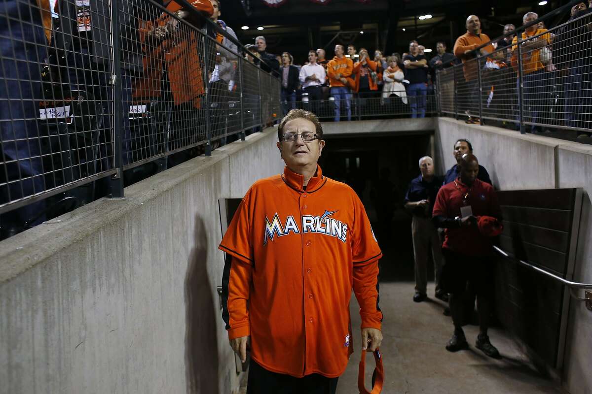 Laurence "Marlins Man" Leavy prepares to sing the national anthem during the 7th inning stretch at game three of the World Series at AT&T park on Friday Oct. 24, 2014 in San Francisco, Calif.