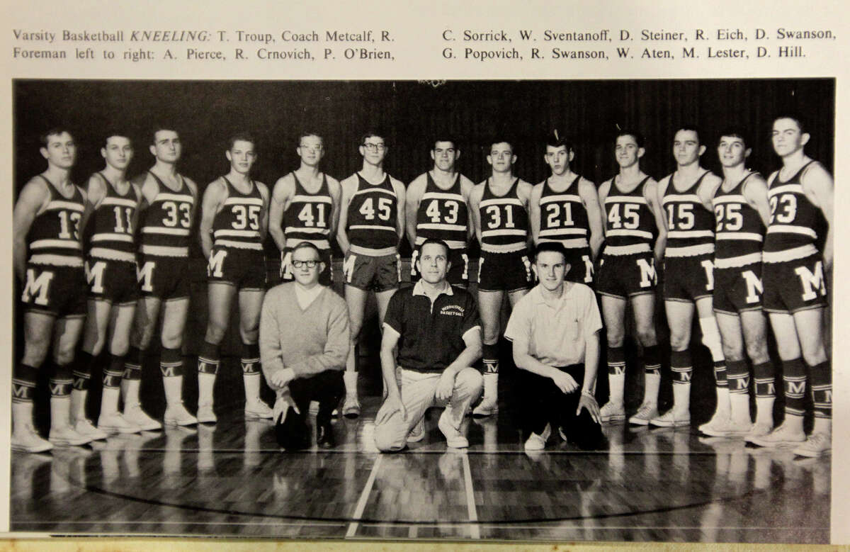 San Antonio Spurs head coach Gregg Popovich wears the No. 21 jersey in this yearbook photo from his senior year at Merrillville High School in 1966. Popovich was born in East Chicago but grew up in Merrillville, Indiana.