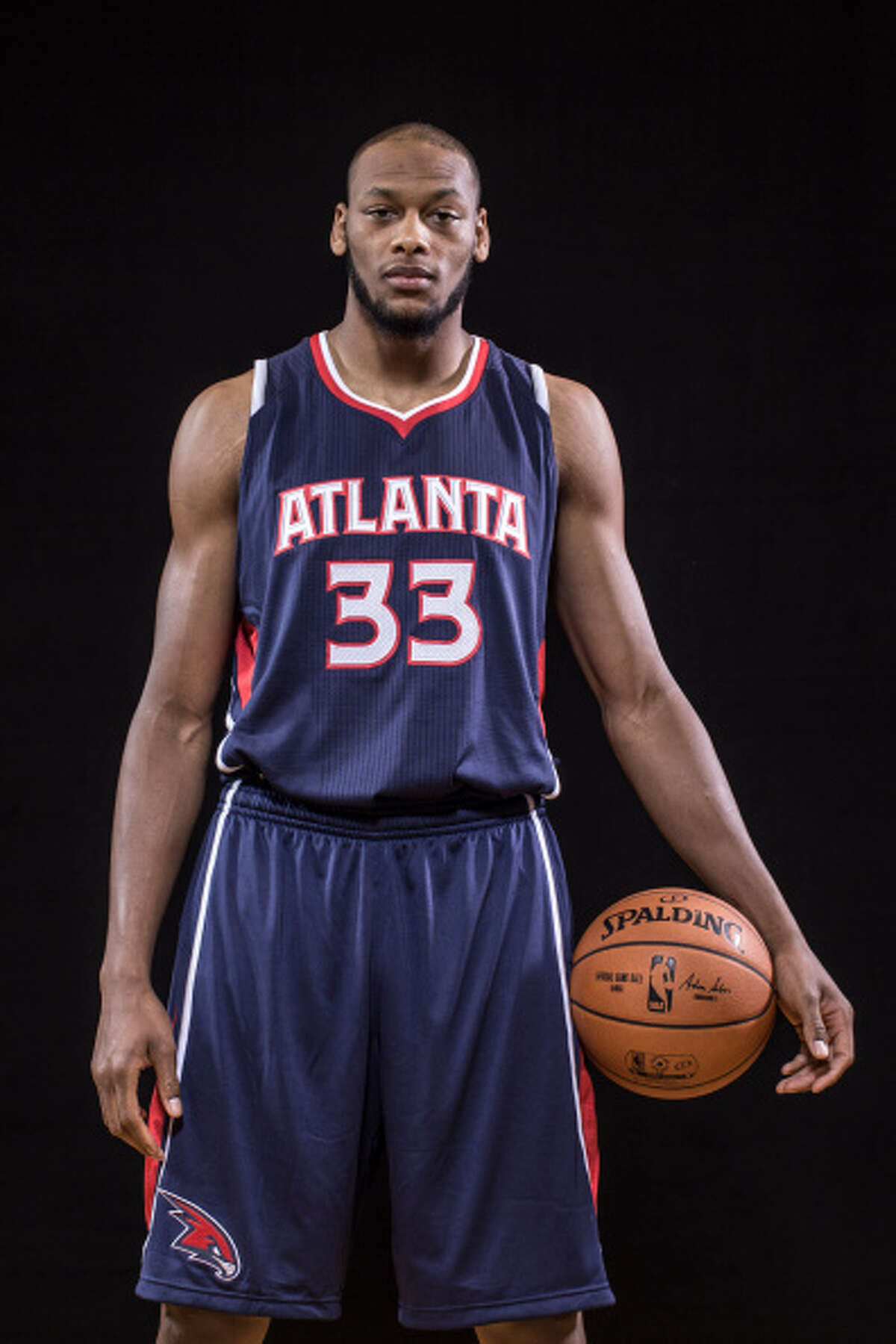 Adreian Payne of the Atlanta Hawks poses for a portrait during the 2014 NBA rookie photo shoot at MSG Training Center on August 3, 2014 in Tarrytown, New York.