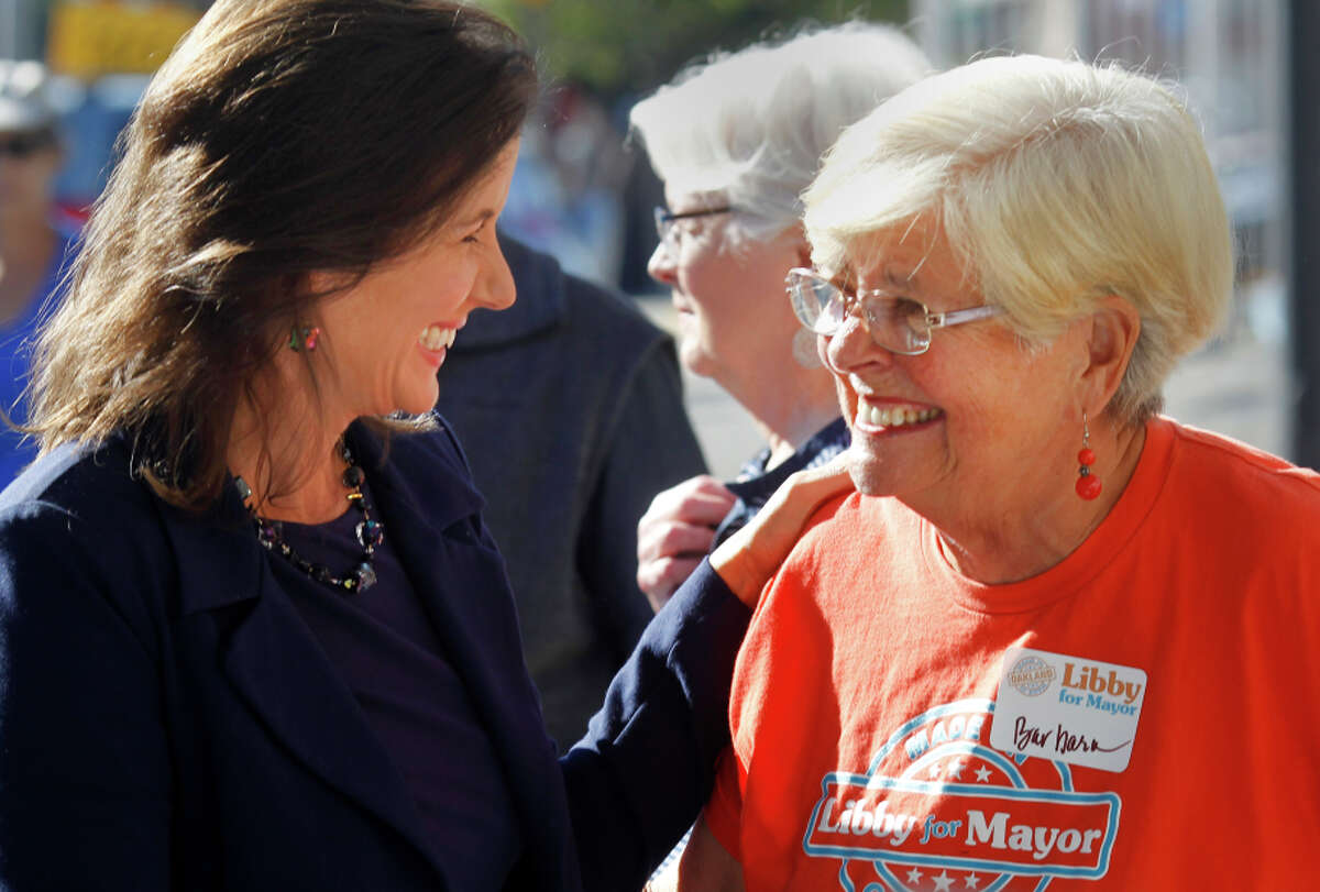 Oakland City Councilwoman Libby Schaaf (left) speaks with her mother, Barbara Schaaf, before the endorsement.