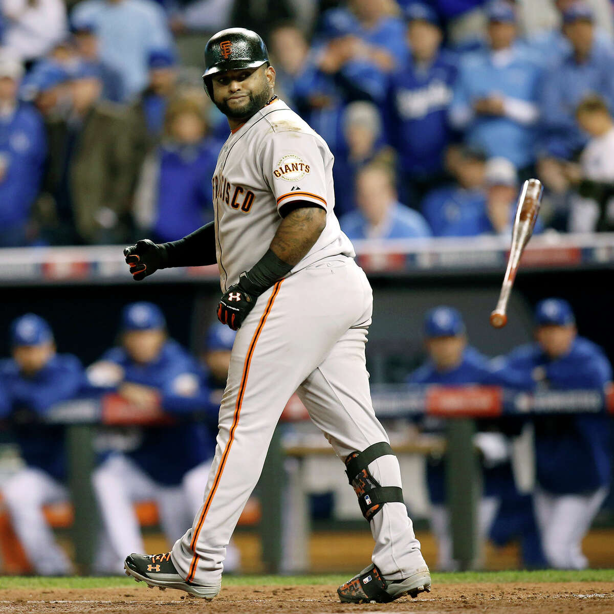 Pablo Sandoval draws a walk in the sixth inning during Game 6 of the World Series at Kauffman Stadium on Tuesday, Oct. 28, 2014 in Kansas City, Mo.