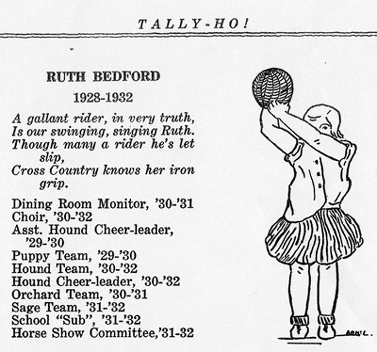 Tally-Ho! is the name of the Foxcroft School yearbook and has been since 1914. This particular page, about Ruth Bedford, is from the 1932 Tally-Ho!