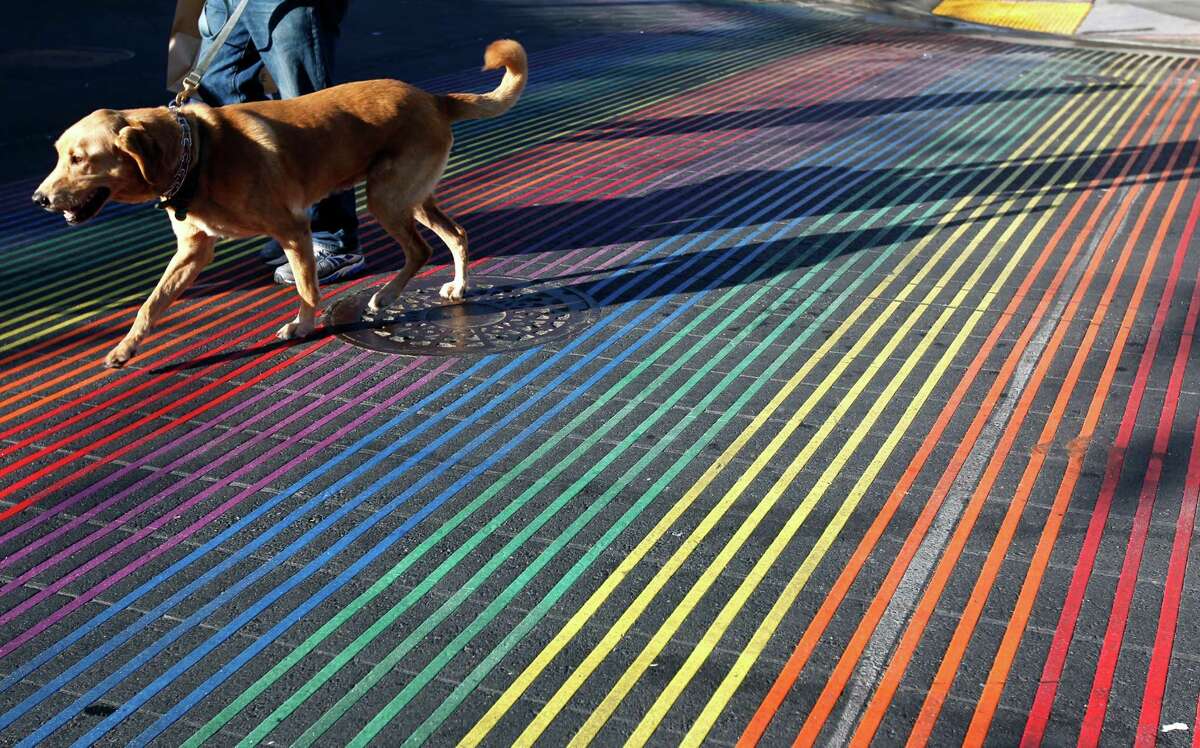 A man and his dog use the new crosswalk at 18th and Castro streets in October.