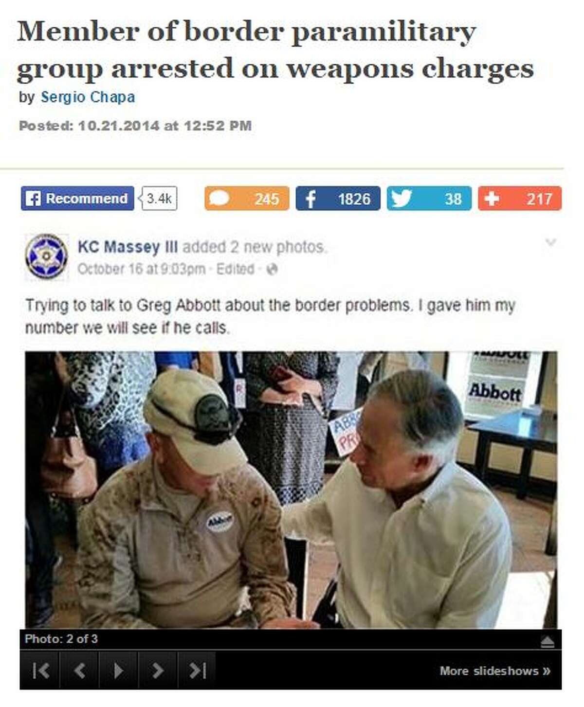 Republican gubernatorial candidate Greg Abbott is seen posing with border militia member Kevin Lyndel Massey at an Oct. 16 campaign event in Brownsville. Four days later, federal authorities arrested Massey on federal weapons charges and found a weapons cache, including ammonium nitrate, in Massey's hotel room.
