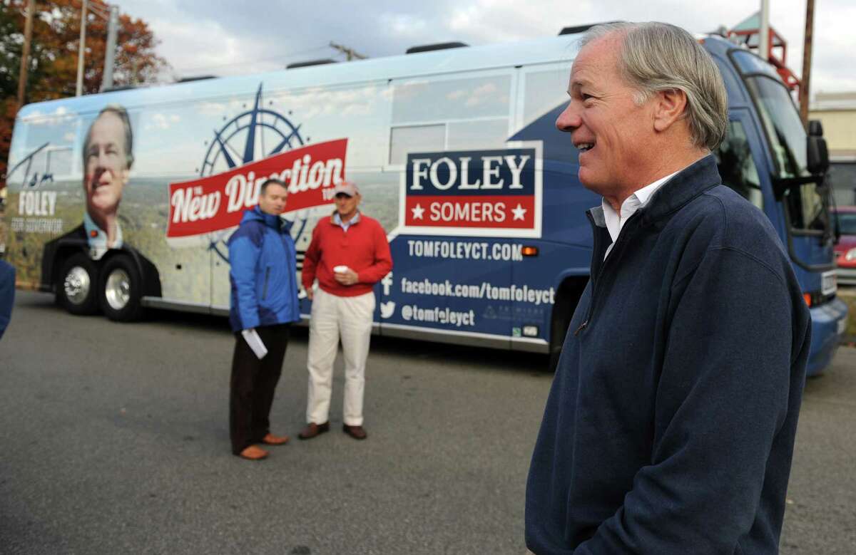 Republican candidate for governor Tom Foley starts his bus tour Friday, Oct. 31, 2014, at Bull's Head Diner in Stamford, Conn. The 45-foot-long tour bus is like a "billboard on wheels," Foley said.