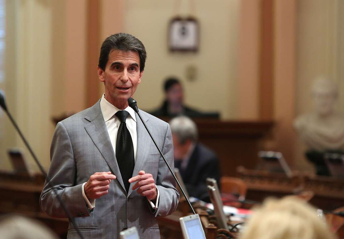 State Sen. Mark Leno, D-San Francisco, urges lawmakers to approve his measure requiring electronics manufacturers to install a shut-off function in all smartphones manufactured and sold after July 2015, at the Capitol in Sacramento, Calif., Thursday May 8, 2014. The bill, SB962, which fell two votes short of passage when it was brought up two weeks ago, was approved by the Senate by a 26-8 vote. (AP Photo/Rich Pedroncelli)
