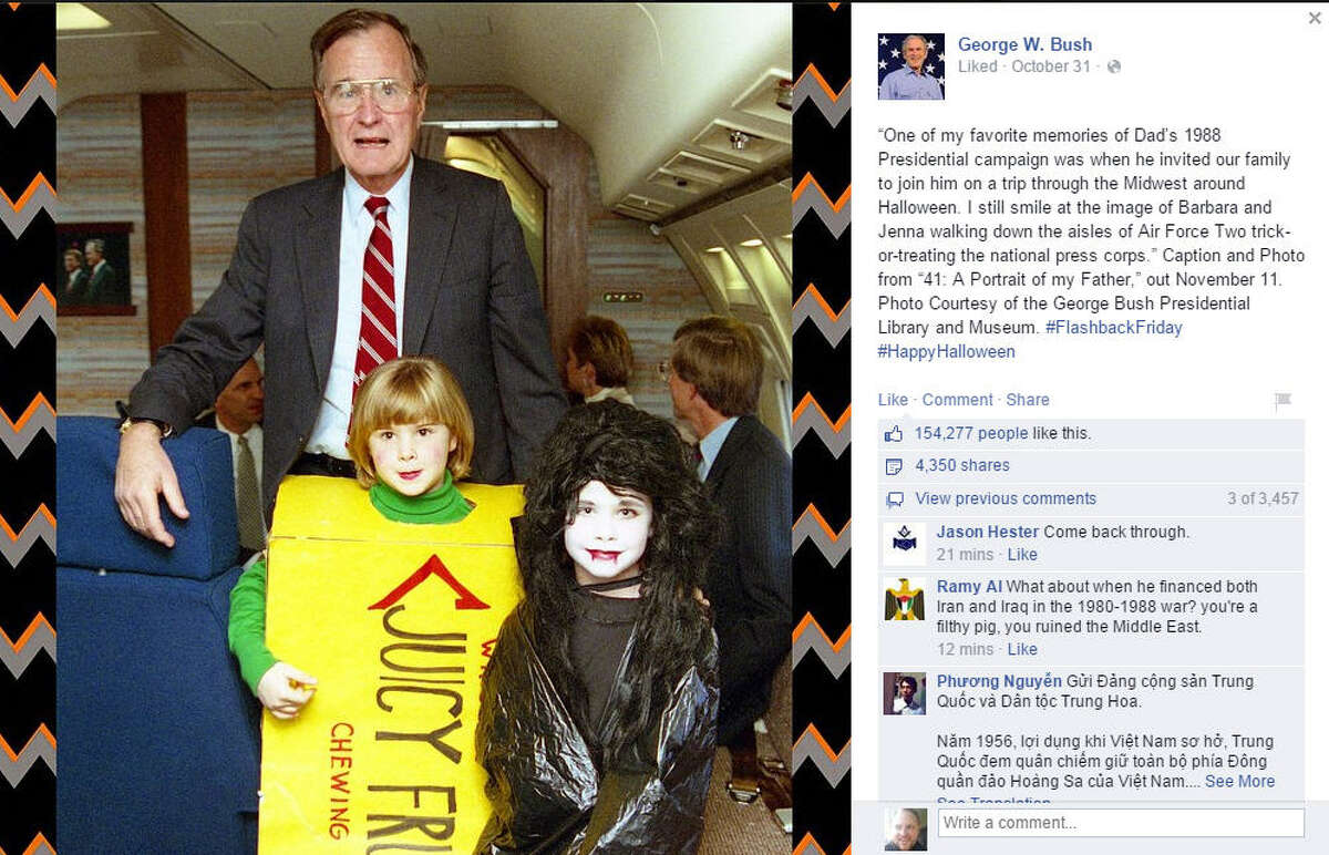 In an obvious, albeit savvy, move to publicize his upcoming autobiography of his father, "A Portrait of My Father" (available Nov. 11), George W. Bush posted a Facebook photo Friday of his daughters Jenna Bush Hager and Barbara Pierce Bush trick-or-treating members of the press aboard a flight with their grandpa George H.W. Bush during a 1988 campaign swing through the Midwest.SLIDESHOW: See more photos of the Bush family together through the years ...
