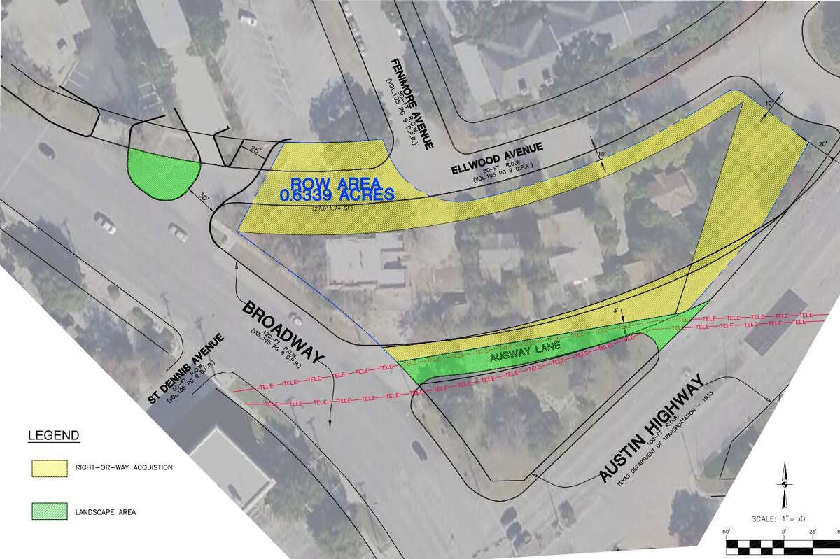 This map of Broadway Ellwood Co.'s property in central Alamo Heights outlines in yellow the public right-of-way that property owners hope to acquire for potential future development.