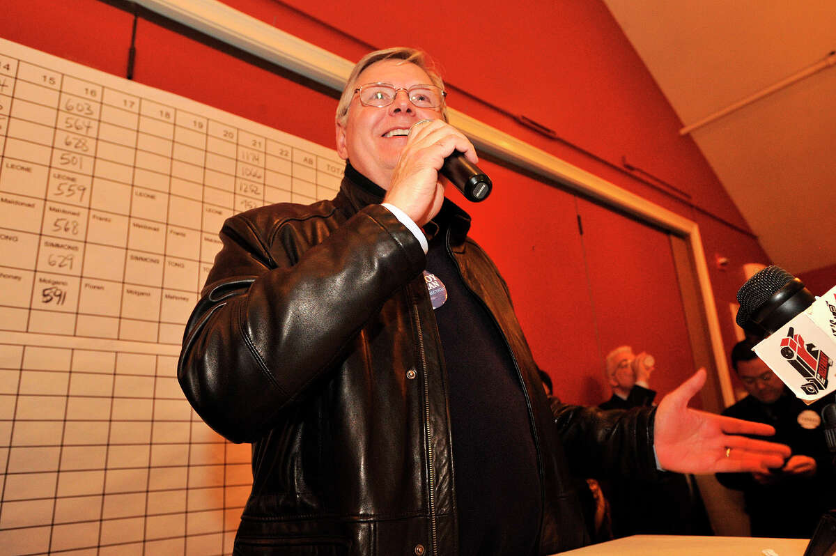 Mayor David Martin speaks to a crowd of supporters during the Democrat Party election night celebration at Zody's 19th Hole at E. Gaynor Brennan Golf Course in Stamford, Conn., on Nov. 4, 2014.