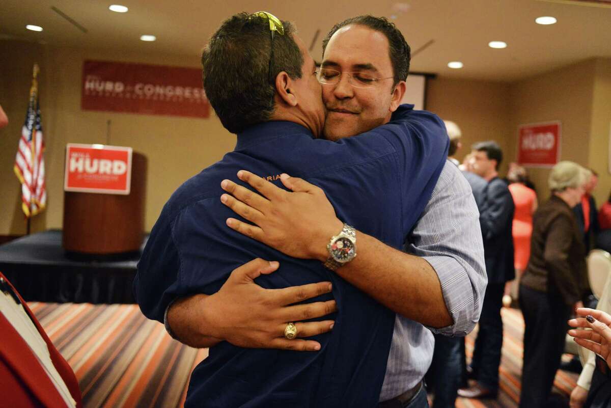Republican challenger Will Hurd gets a hug from long-time friend Stephen Wing during an election night watch party for Will Hurd, a Republican who's challenging U.S. Rep. Pete Gallego, D-Alpine, in U.S. House District 23, at Eilan Hotel Resort and Spa on Tuesday, November 4, 2014.