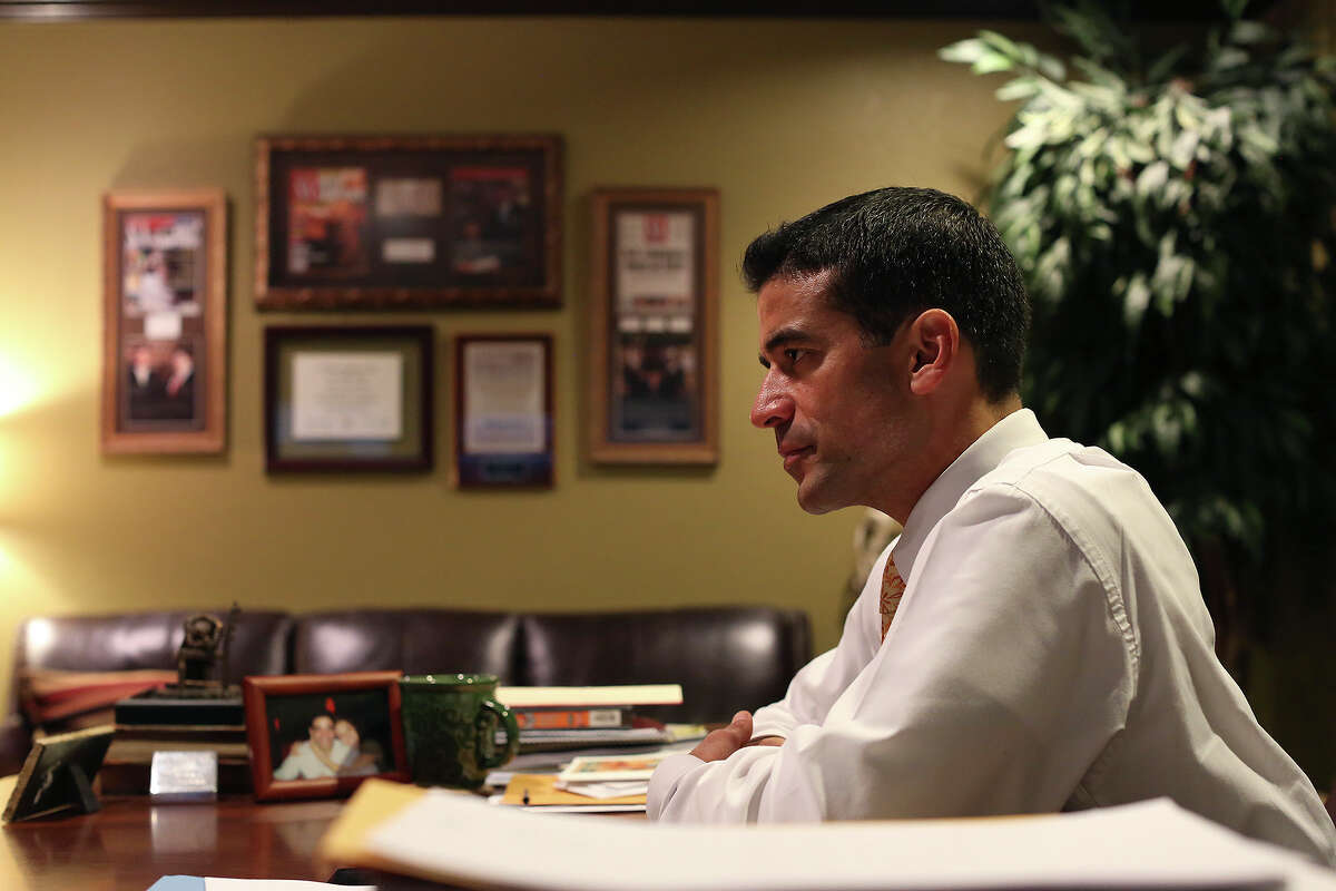 Newly elected District Attorney-elect Nico LaHood speaks with Express-News reporter Michelle Casady in his office on Wednesday, Nov. 5, 2014.