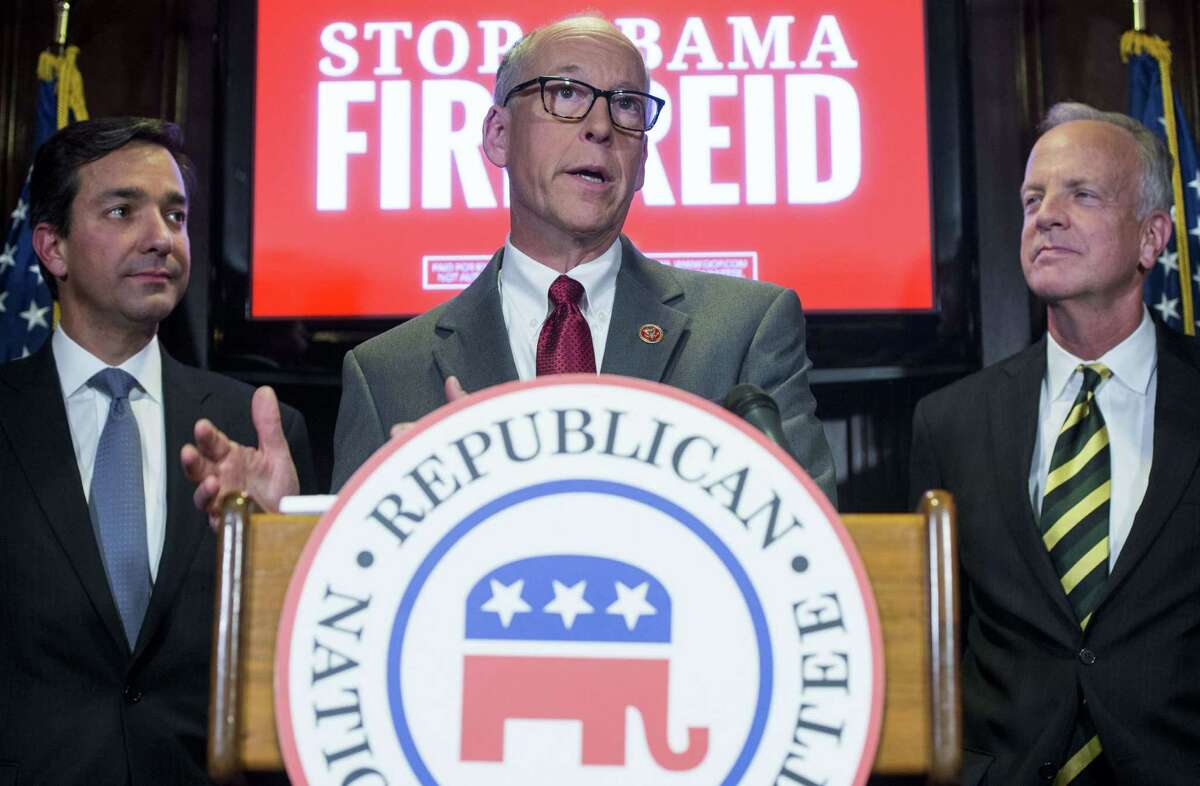 US Representative Greg Walden (C) of Oregon, Chairman of the National Republican Congressional Committee (NRCC), speaks alongside US Senator Jerry Moran (R) of Kansas, chairman of the National Republican Senatorial Committee (NRSC), and Luis Fortuno (L), former Governor of Puerto Rico, during a press conference at Republican National Committee (RNC) Headquarters in Washington, DC, November 5, 2014. Republicans captured a majority in the US Senate on Tuesday in a sweeping midterm election victory that delivered a rebuke to President Barack Obama's Democrats. AFP PHOTO / Saul LOEBSAUL LOEB/AFP/Getty Images