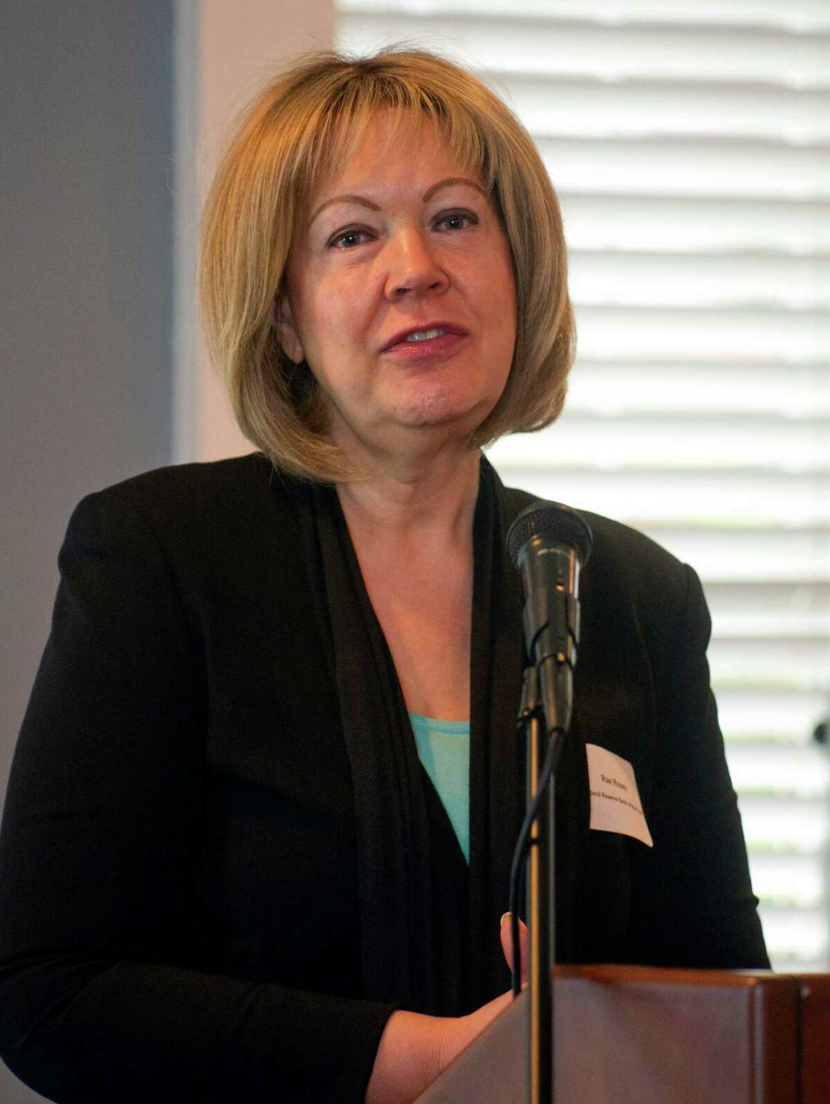 Rae Rosen, Vice President of Regional and Community Outreach for the Federal Reserve Bank of New York, speaks about the economy in the region during the Greenwich Chamber of Commerce's annual meeting and breakfast in Greenwich, Conn., on Thursday, November 6, 2014.