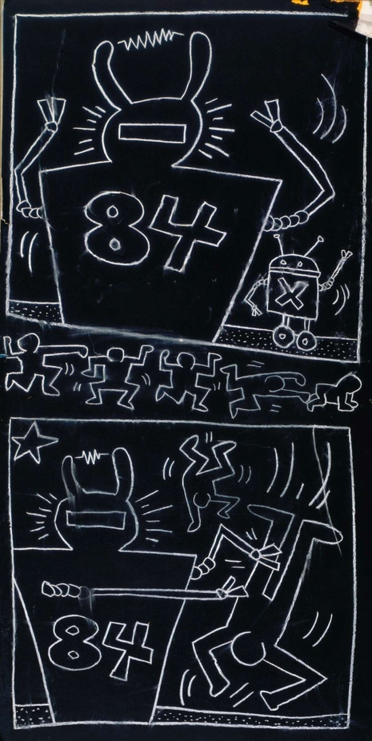 “Untitled” (1984) subway drawing , chalk on paper by by Keith Haring