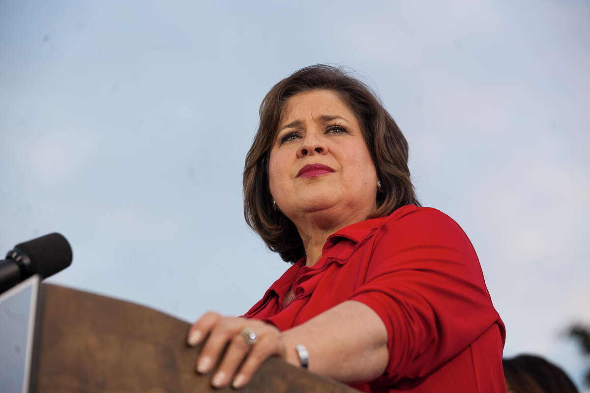 Senator Leticia Van de Putte, running for Lt. Governor, speaks Wednesday October 22, 2014 at a rally in San Pedro Park launching a statewide "Vote Leticia Tour."