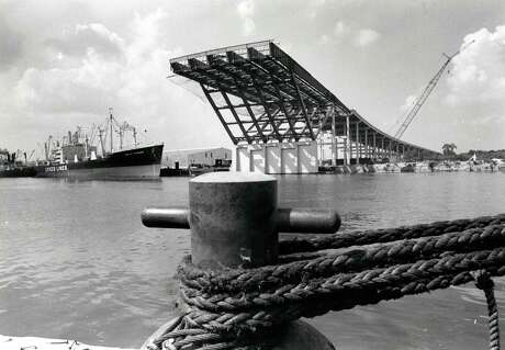 From the Sept. 1971 Houston Post: Jutting out high above the Houston Ship Channel is the completed initial phase of the first bridge that will span the waterway. When it is completed in 1973, the bridge will carry 10 lanes of traffic over the channel on Interstate 10's east loop. Post photographer Fred Bunch took this shot from the opposite bank where work will begin shortly on the second phase of the $9.5 million project.