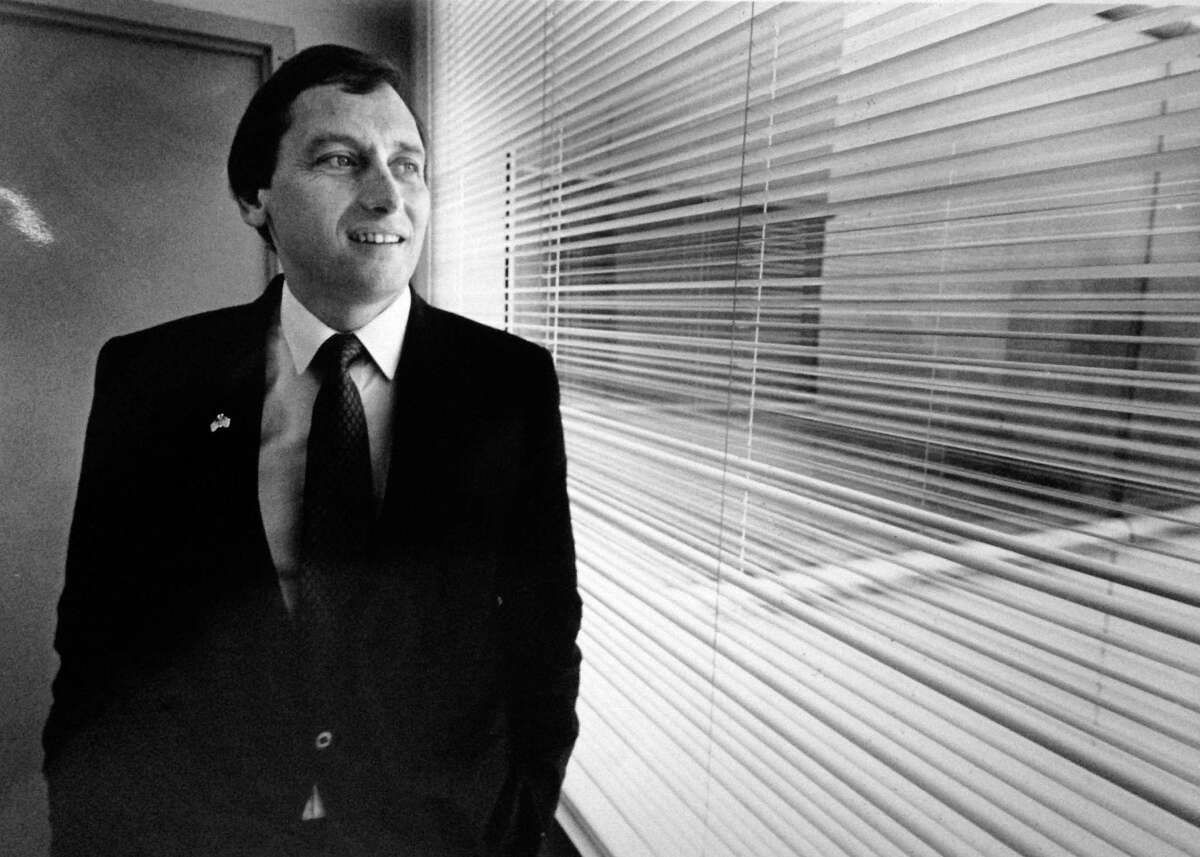 Stamford Mayor Thom Serrani looks out his office window on the 10th floor of Government Center on Nov. 8, 1989, a day after winning a landslide victory over Republcan challenger Leonard Vignola to capture a fourth two-year term in office.