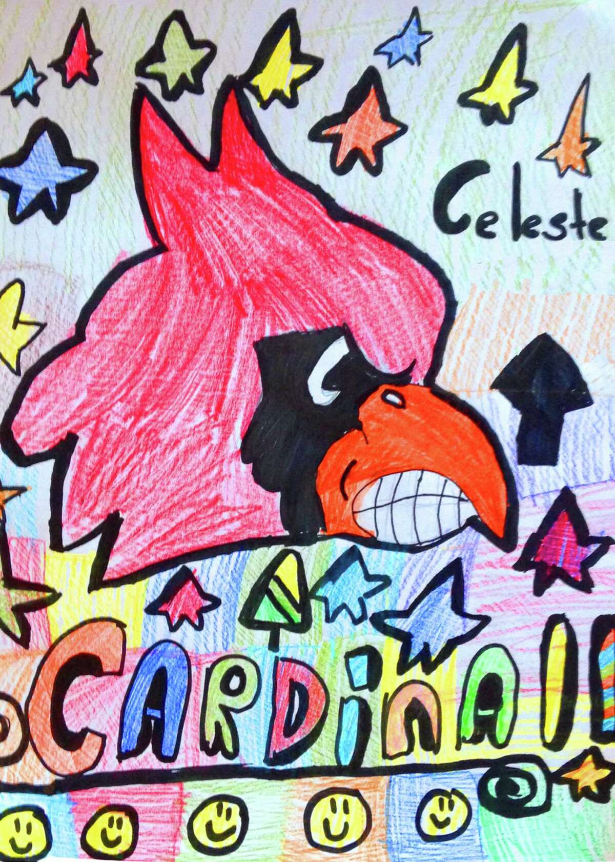 Our Cartoonist of the Week is 10-year-old Celeste Olsoff who attends Riverside School. Celeste likes reading "Peanuts" comic strips by Charles Schultz, featuring her favorite character, Snoopy. She also likes drawing sports mascots. Instructor Phil Lohmeyer chose Celeste's drawing of a Greenwich Cardinal because it captures the intense emotion of a competitive mascot, and also includes many vivid background elements. Besides cartooning, Celeste enjoys creating clay animals and learning about the artwork of Frida Kahlo. She tells other young cartoonists, "Do not give up!" Celeste takes cartooning classes with Lohmeyer (philliplohmeyer@yahoo.com), an artist from Cos Cob who teaches group lessons at the Eastern Greenwich Civic Center (203-637-4583) and private lessons at Jack Dog Studio on Greenwich Avenue (203-570-6870).