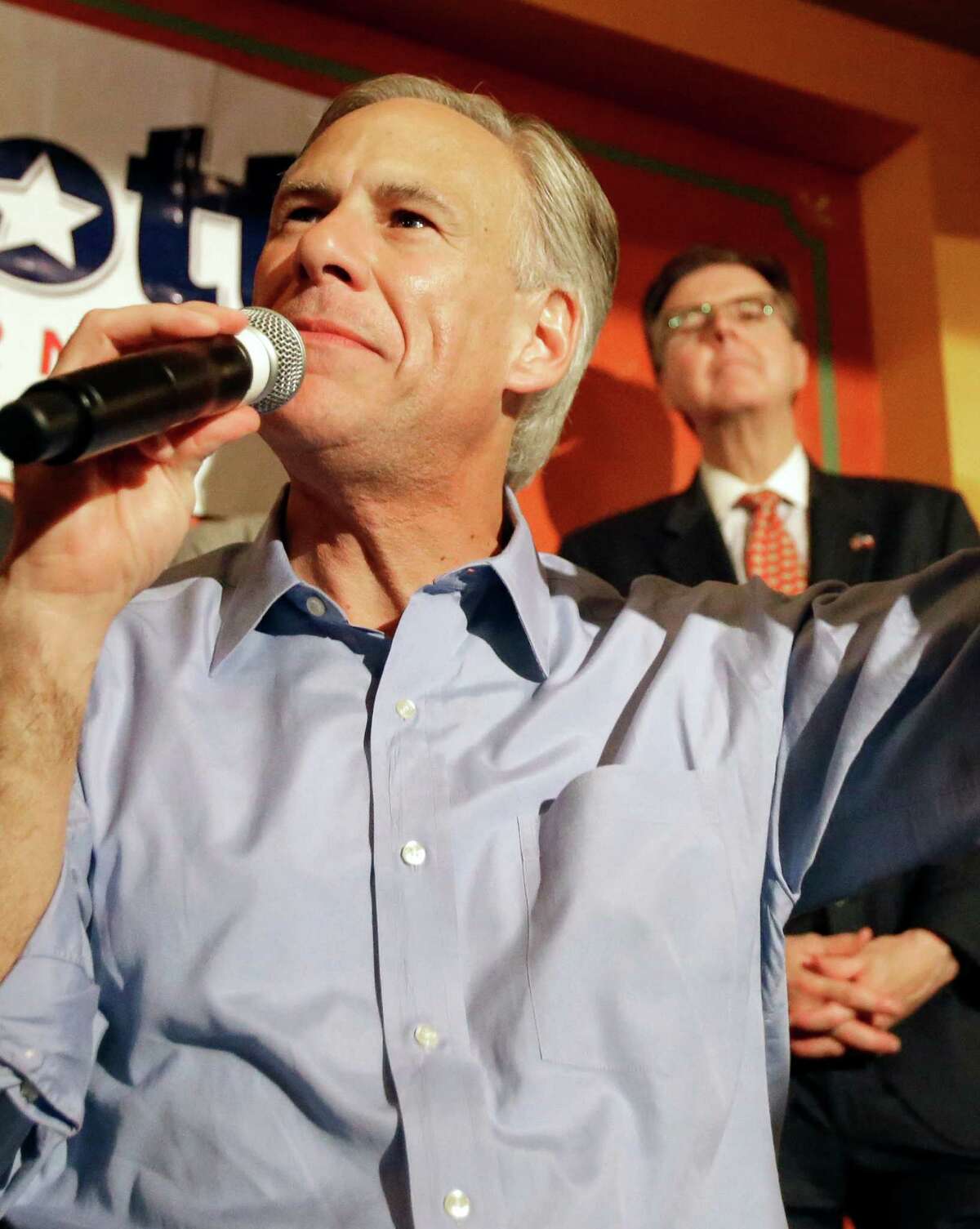 The biggest watching game in Texas next year: How will a Gov. Greg Abbott and Lt. Gov. Dan Patrick interact. Abbott speaks as Patrick, right, looks over his shoulder at a campaign event recently.