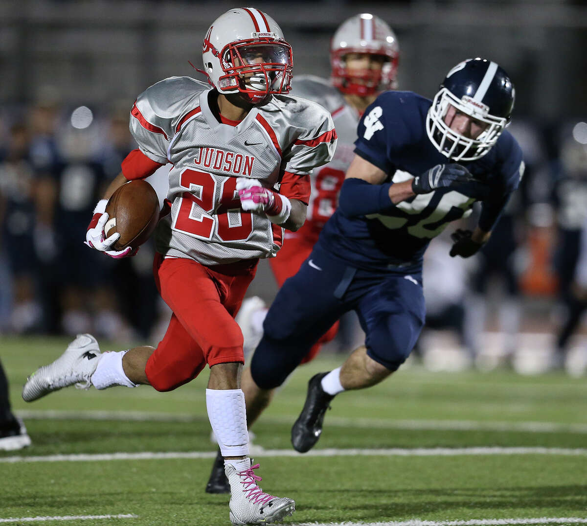 Rocket running back Christian Guillory sprints through the middle for a long gain in the first half as Judson beat Smithson Valley, 31-26, on Nov. 7 at Rutledge Stadium.