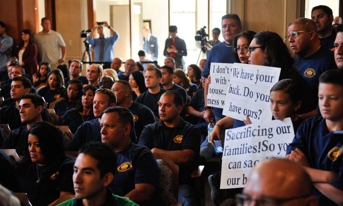 Members of the police and firefighters unions filled the chamber when the City Council discussed the FY2015 budget.