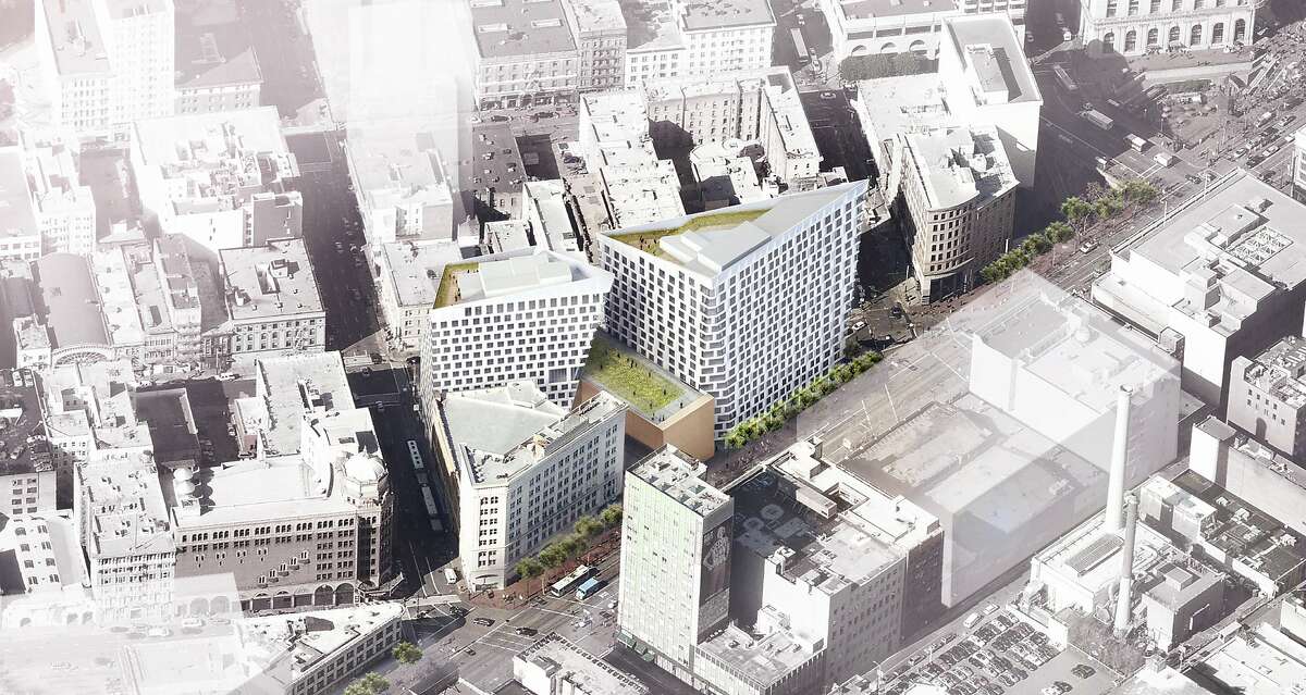 The largest project proposed for mid-Market Street is a complex that would would include a hotel, more than 300 residential units and, in the center, space for arts groups. The address is 950 Market and the site takes up nearly all the block between Market, Turk and Taylor streets. The architect is BIG for developer Group I. This is an aerial view of the block, with the Warfield building on the lower left corner.