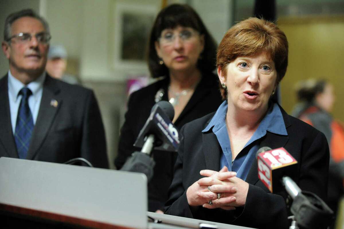 Albany Mayor Kathy Sheehan, right, speaks during an announcement of a joint initiative to end veteran homelessness on Wednesday, Nov. 12, 2014, at the VA Medical Center in Albany, N.Y. Joining her are Troy Mayor Lou Rosamilia and Amsterdam Mayor Ann Thane. Five Capital Region cities are uniting to find innovative housing solutions for homeless veterans. (Cindy Schultz / Times Union)