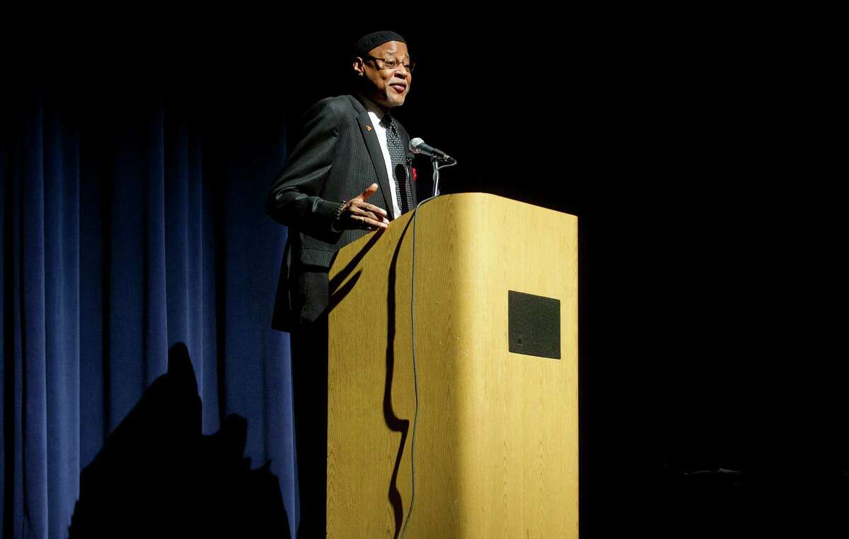Moderator William Foster III speaks during the Names Day anti-bullying assembly at Greenwich High School on Thursday, November 13, 2014.