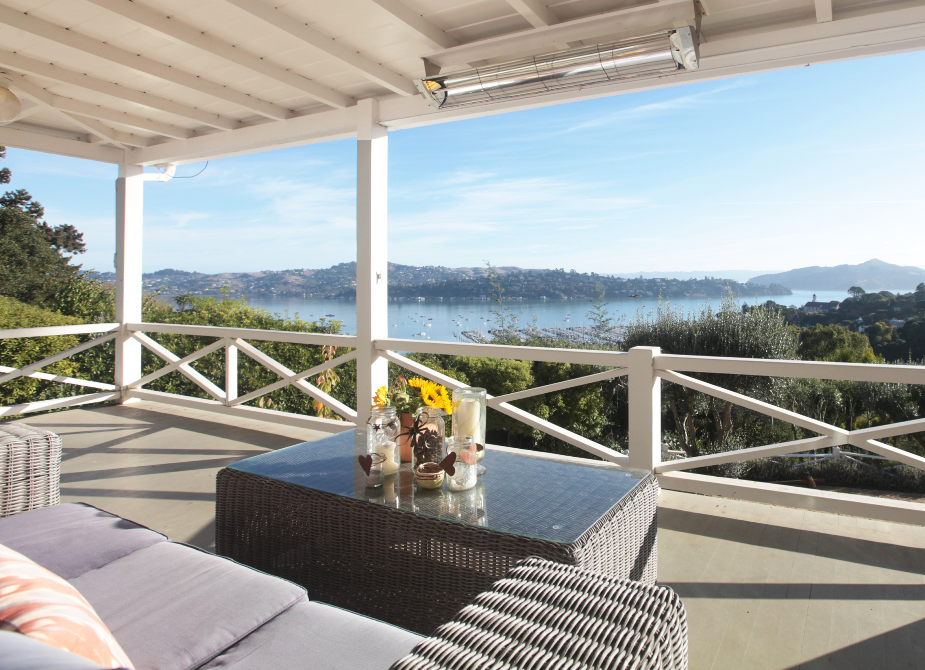 Covered veranda with bay views highlights Cape Codstyle home in Sausalito