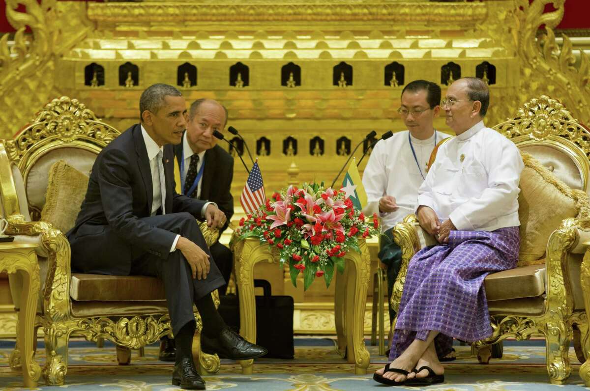President Barack Obama meets with Myanmar's President Thein Sein, Thursday, Nov. 13, 2014, at the Presidential Palace in Naypyitaw, Myanmar. (AP Photo/Pablo Martinez Monsivais)