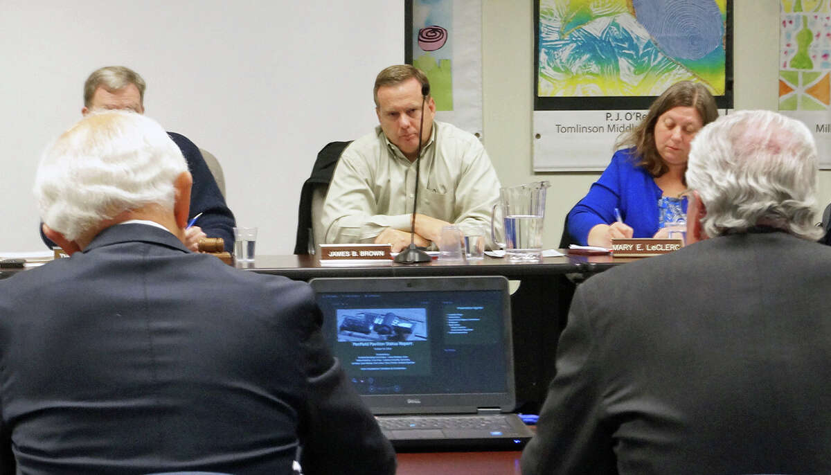 Pnefield Building Committee Chairman James Bradley, left, and First Selectman Mike Tetreau, make their presentation on a $4.6 million fundring request to repair Penfield Pavilion to the Board of Finance Thursday.