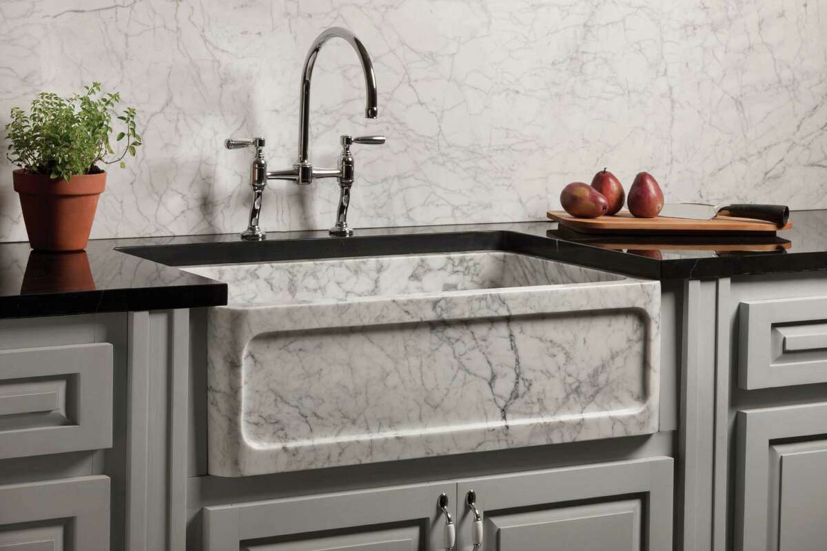 The New Haven farmhouse sink from Stone Forest is hand carved in Carrara marble.The sink retails for $2,910.