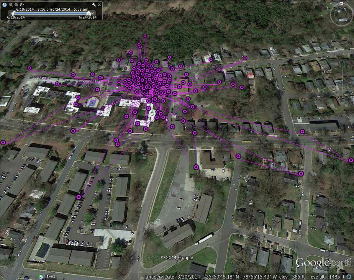 The image above shows the movements of Jitterbug, the cat, over a five-day period in Raleigh-Durham, N.C. His travels were documented by the Cat Tracker citizen science program in North Carolina. The Bruce Museum is bringing Cat Tracker to Greenwich and is looking for Greenwich volunteer citizen scientists and their cats to participate in the program.