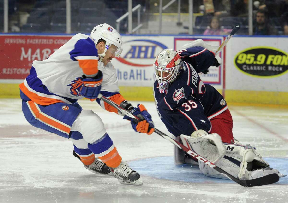 Sound Tiger Harry Zolnierczyk is stopped on a breakaway by Springfield goalie Anton Forsberg during the second period of their AHL hockey game at the Webster Bank Arena in Bridgeport, Conn. on Sunday, November 16, 2014.