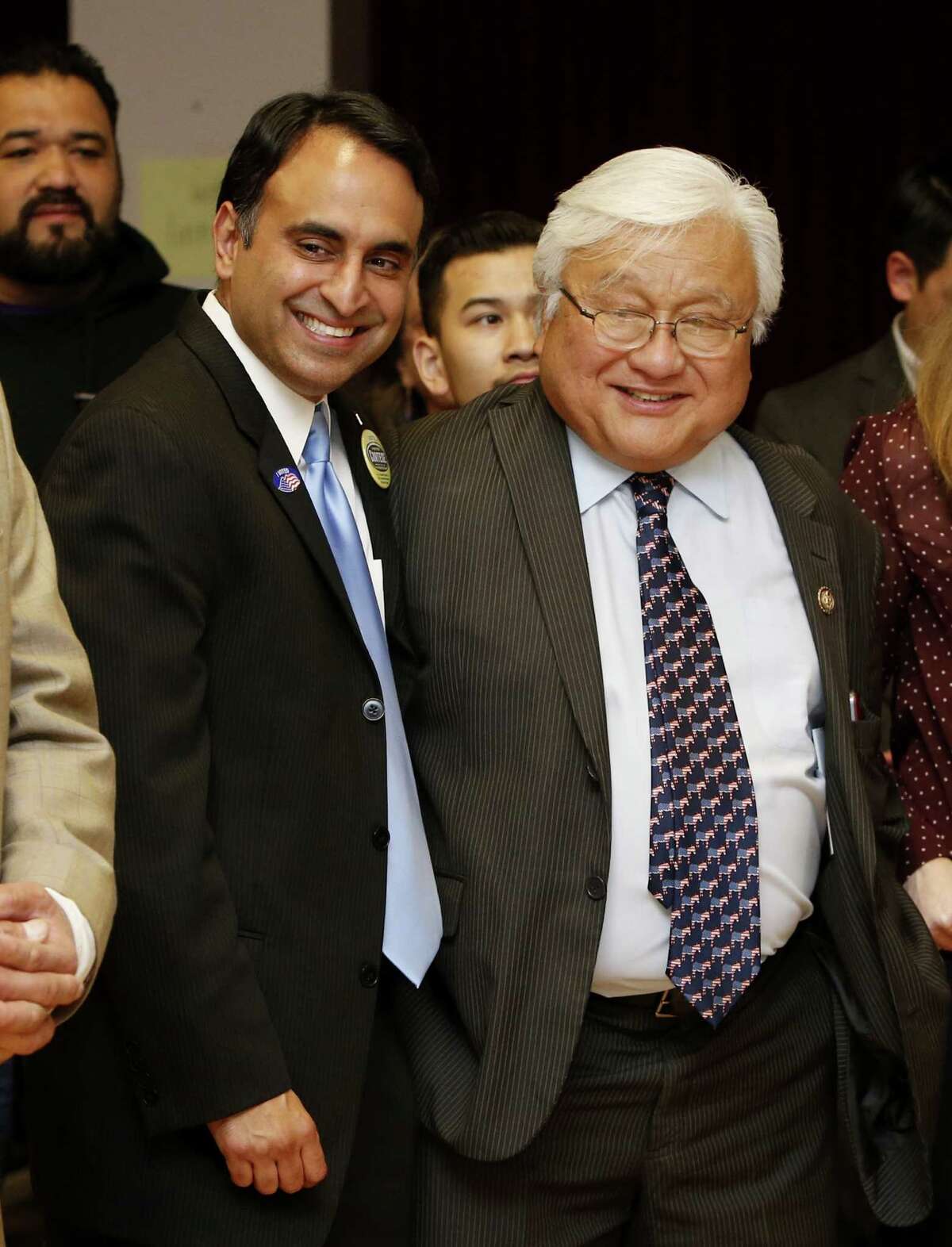 FILE-- Rep. Mike Honda, right, with San Jose City Councilman Ash Kalra on election night. California has permanently scrapped its high school exit exam under legislation signed by Gov. Jerry Brown on Tuesday. The bill signed by Brown, AB830 by Ash Kalra, D-San Jose, permanently eliminates the test.