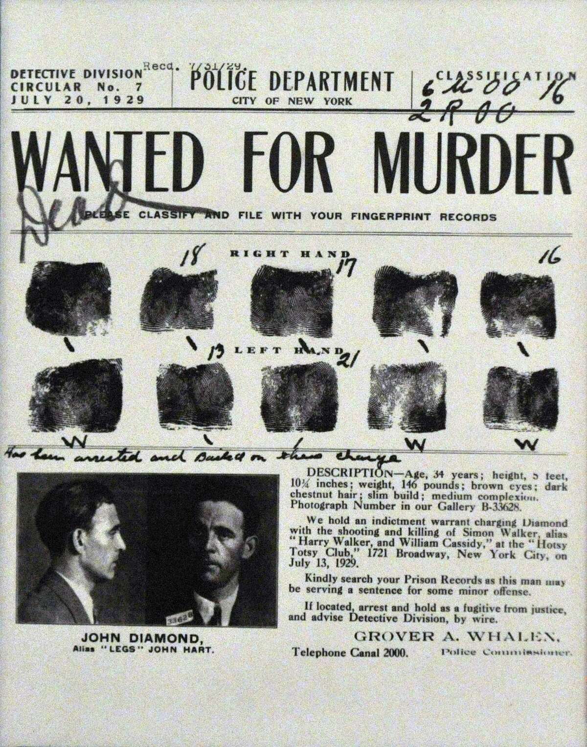 A "Legs" Diamond wanted poster at author William Kennedy's Albany townhouse Wednesday Sept. 14, 2011.  Read more about "Legs" Diamond. (John Carl D'Annibale / Times Union)