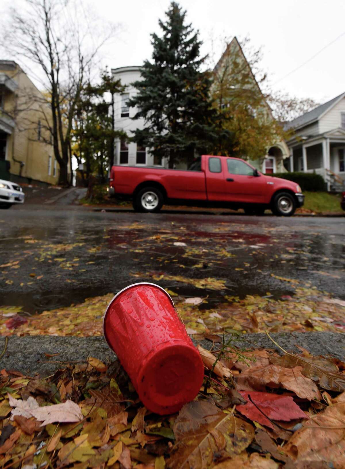 A red plastic cup litters the street across from 461 Hamilton Street at the scene of an alleged underage drinking party Monday afternoon, Nov. 17, 2014, in Albany, N.Y. Police responded to a call early Sunday morning and found five intoxicated 19-year-old men, all University at Albany students. One of them, Trevor Duffy, 19, of Bronx, died Monday at Albany Medical Center after excessive alcohol consumption.The other students were treated and released from area hospitals. (Skip Dickstein/Times Union)