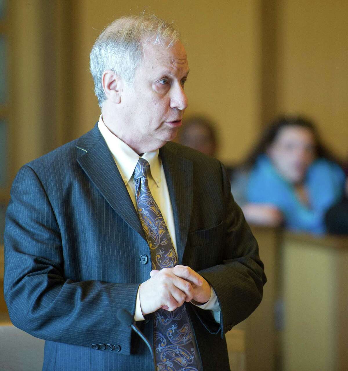 State's Attorney David Cohen speaks at State Superior Court in Stamford, Conn., where Stamford High School Principal Donna Valentine and Assistant Principal Roth Nordin appeared on Tuesday, November 19, 2014.