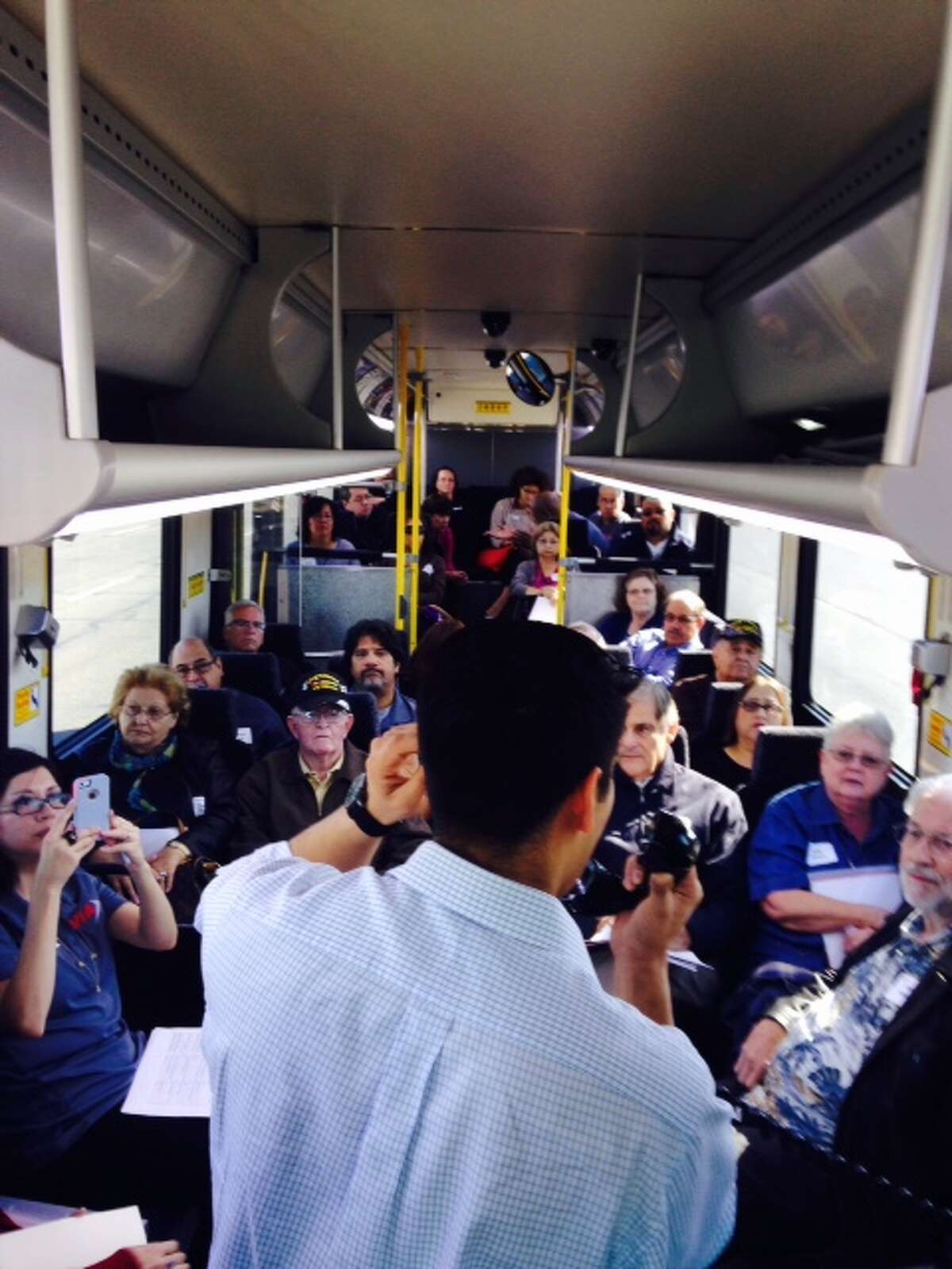 District 4 Councilman Rey Saldaña hosted a town hall meeting on a VIA Metropolitan Transit bus late last year. He is co-chairing a committee that will examine funding sources the agency could use to improve its system.