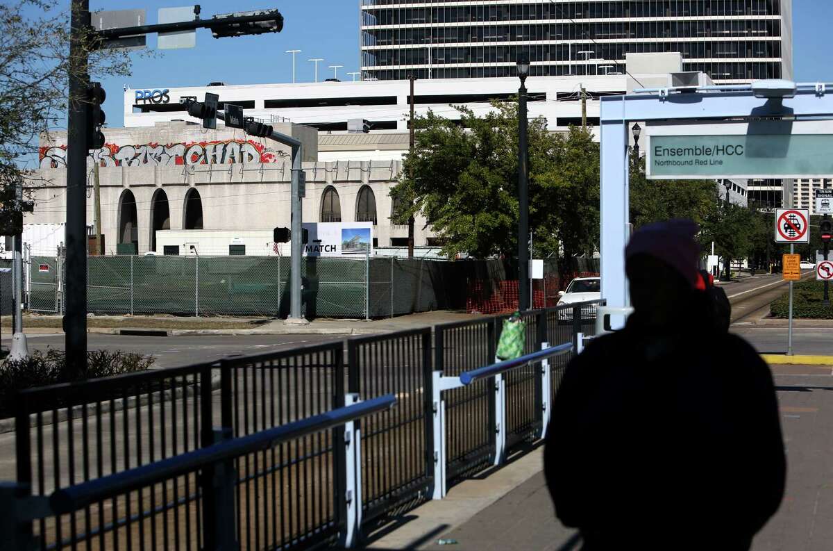 The property being sold at 3300 Main Street, bounded by Main, Travis, Stuart and Francis, in the background to the left, near the METRORail red line. (Chronicle file)