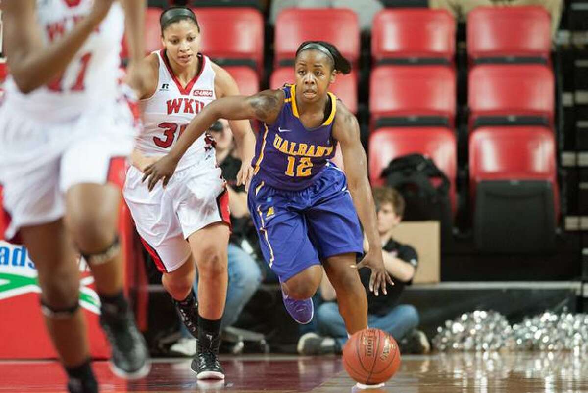 UAlbany guard Imani Tate dribbles up the court against Western Kentucky during their preseason WNIT semifinal at Western Kentucky on Thursday, Nov. 20, 2014. (Joshua Lindsey / Special to the Times Union)