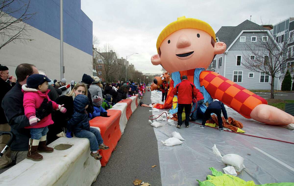 The Bob the Builder balloon is inflated during the Giant Balloon Inflation Party in Stamford, Conn., on Saturday, November 22, 2014.