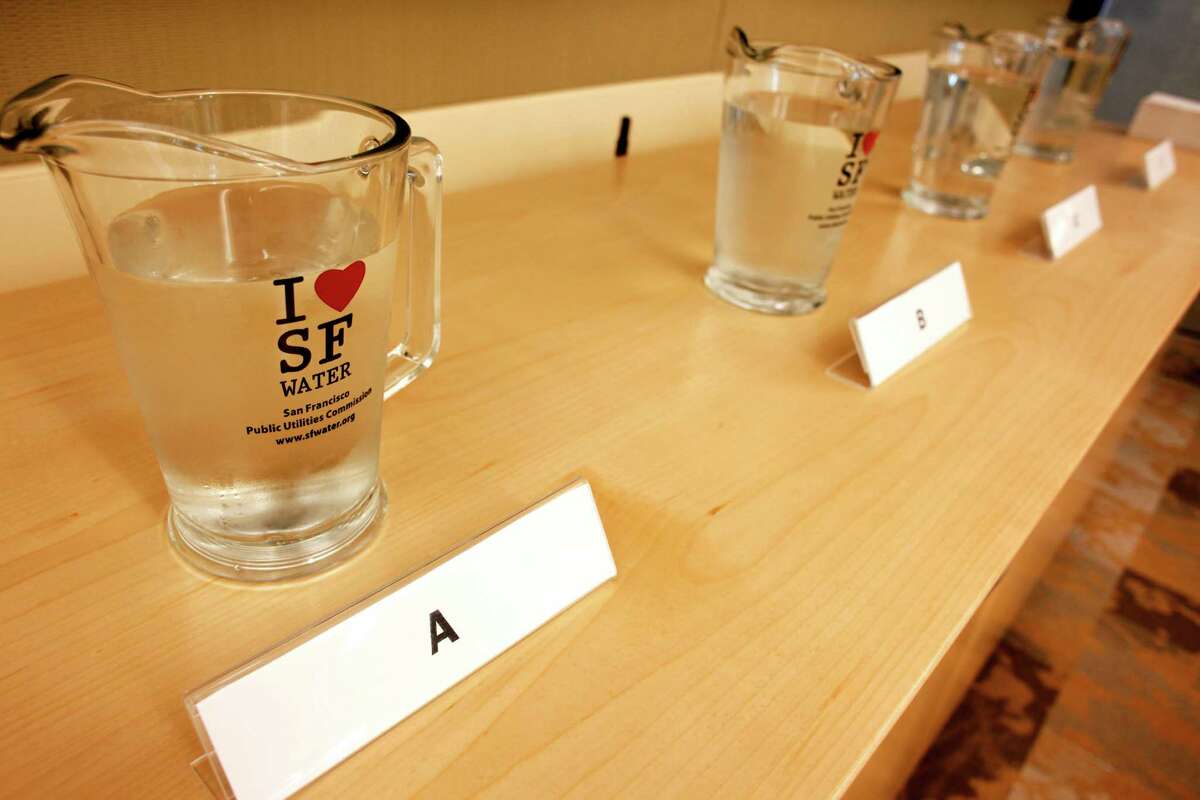 Four pitchers of water were prepared for a taste test at the San Francisco Public Utilities Commission.