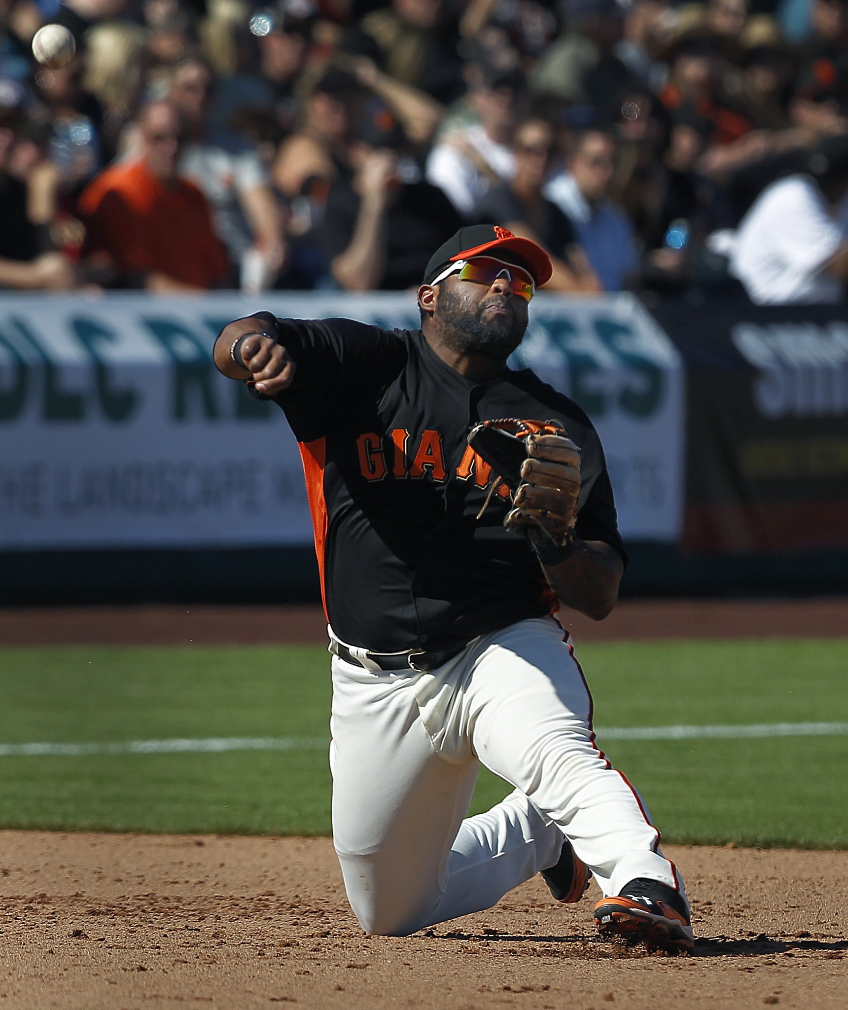 June 14, 2019: San Francisco Giants first baseman Pablo Sandoval (48) heads  to first base, during a MLB game between the Milwaukee Brewers and the San  Francisco Giants at Oracle Park in